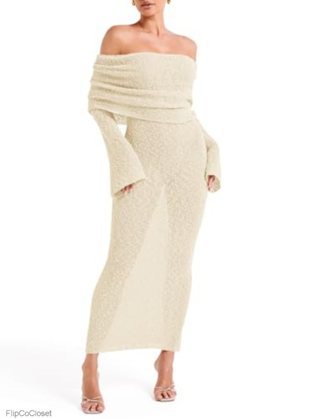 Off Shoulder Maxi Dress Coverup Sheer Long Bell Sleeve Bodycon Beach Swimsuit